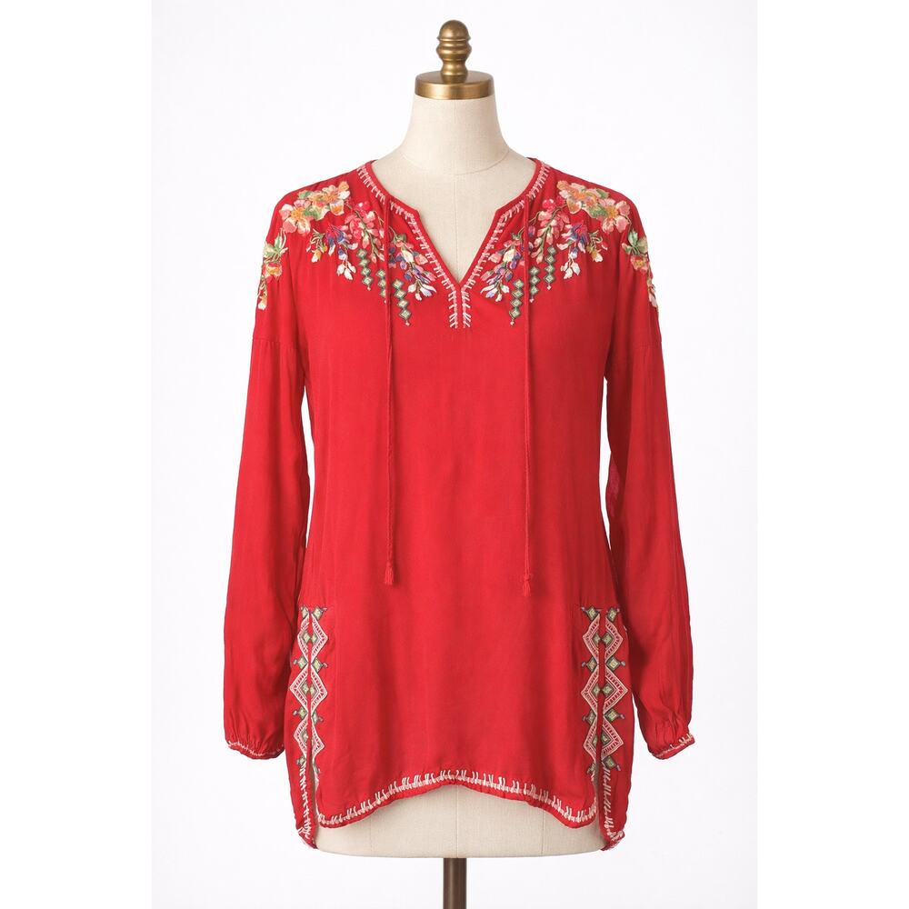 Johnny Was | Red Long Sleeve Blouse Embroidered Rayon XS
